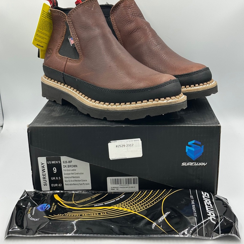 Sureway 626-WP Work Boots Men 9 Dark Brown Waterproof Leather Slip Resistant NIB